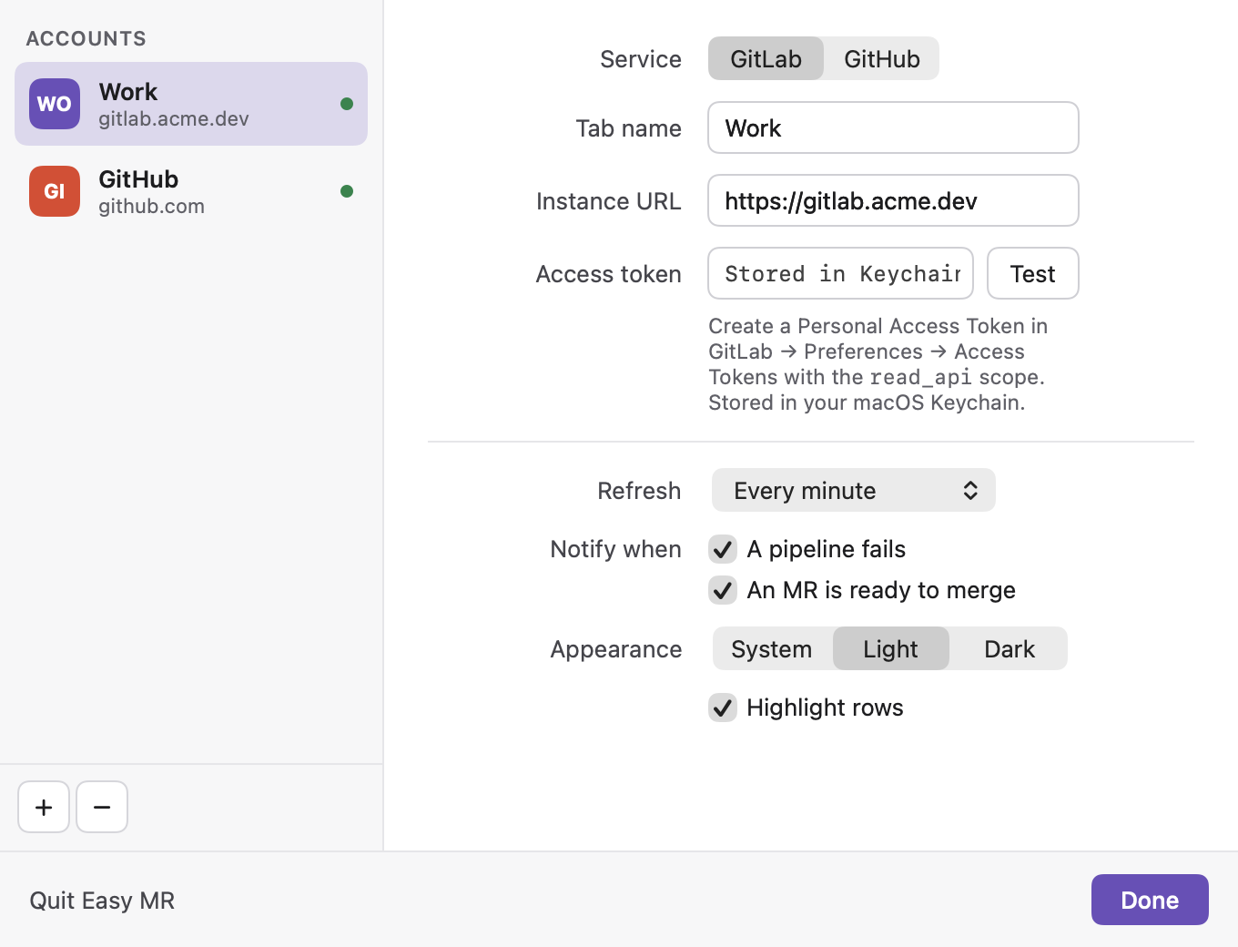 Settings window with a GitLab and a GitHub account, service picker, access token field, refresh interval and notification options